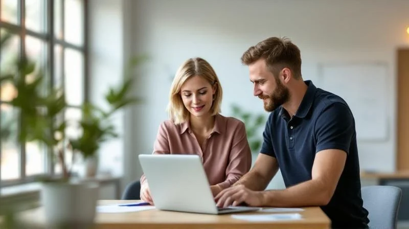 Zwei Kollegen besprechen Unterlagen in einem modernen Büro